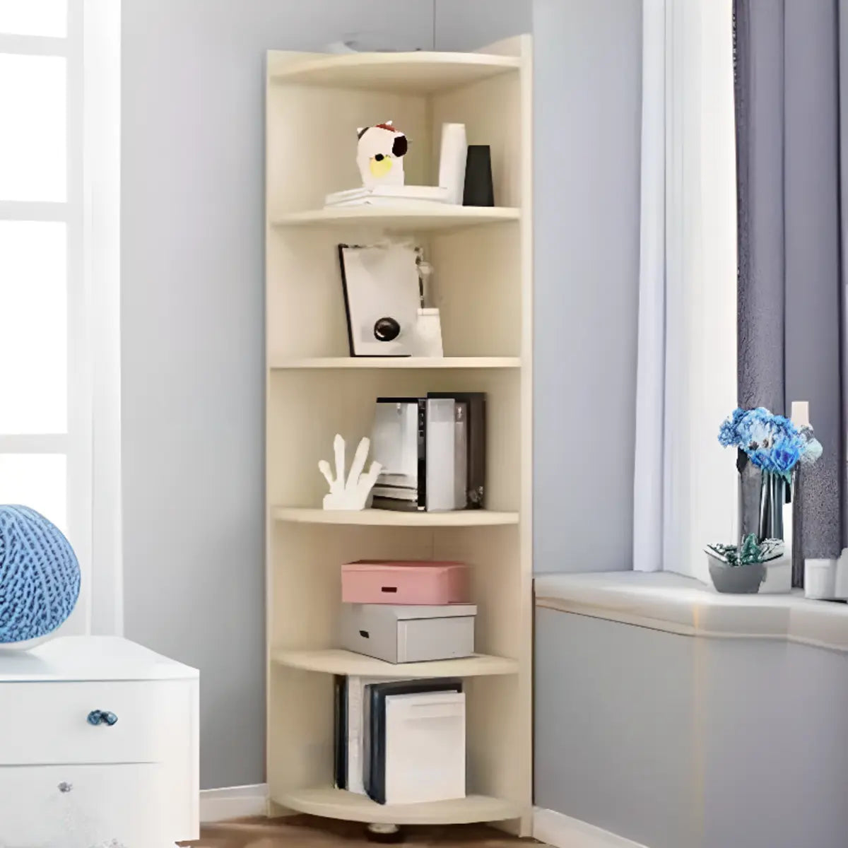 Simple White Wood Corner Vertical Display Bookcase Image - 15