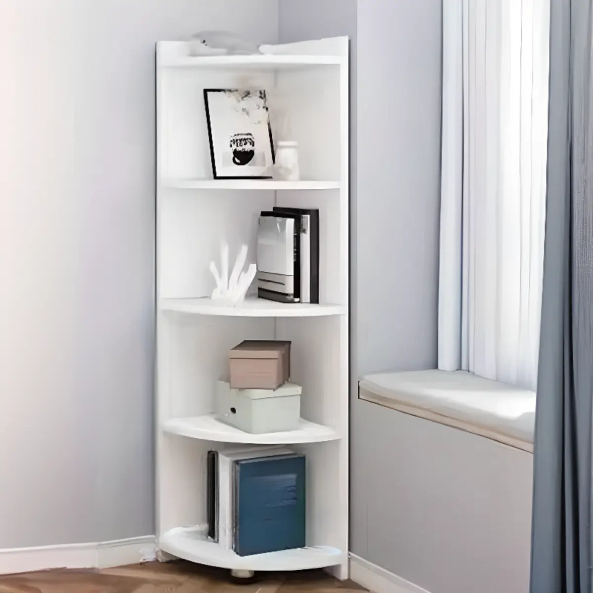 Simple White Wood Corner Vertical Display Bookcase Image - 4