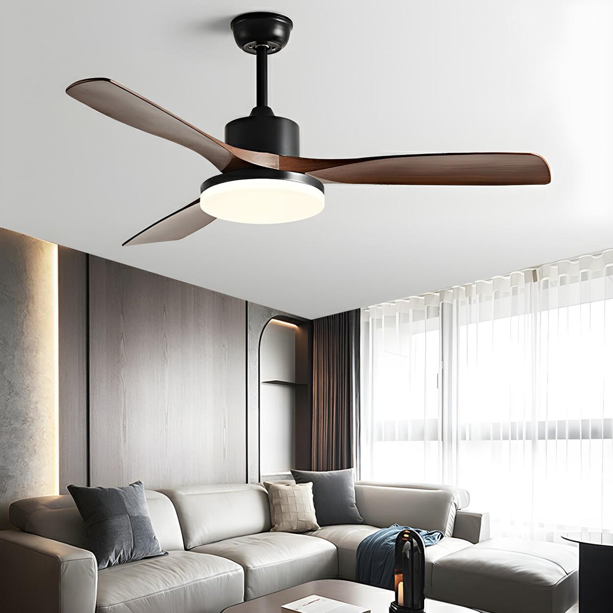 Simple Wood 3 Blade Windmill Ceiling Fan with LED Light Image - 1