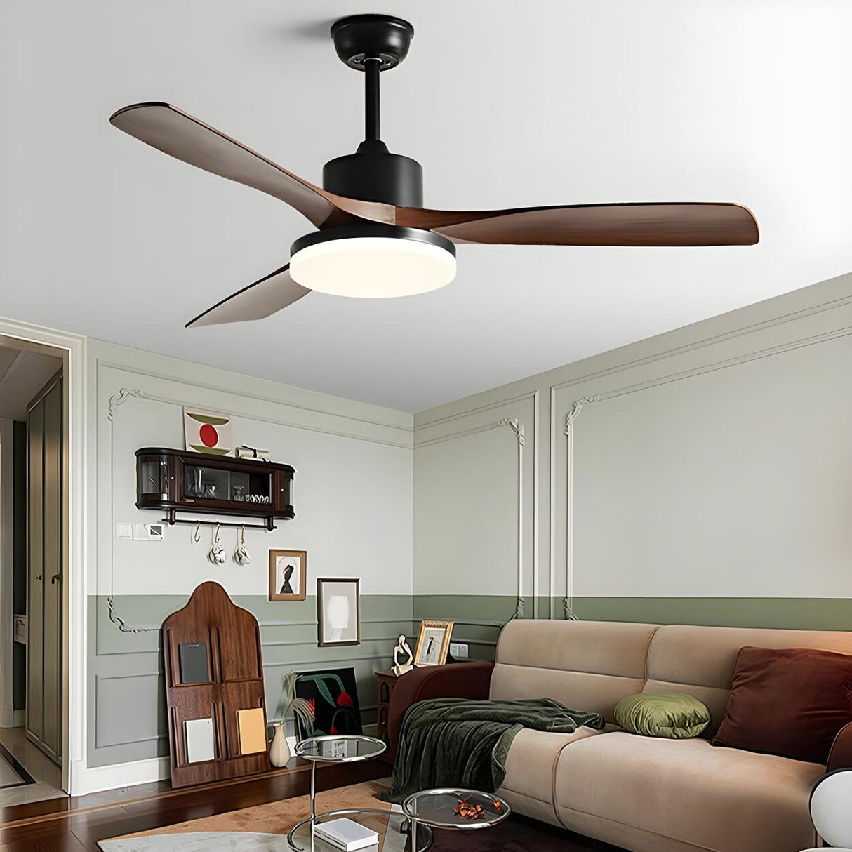 Simple Wood 3 Blade Windmill Ceiling Fan with LED Light Image - 3