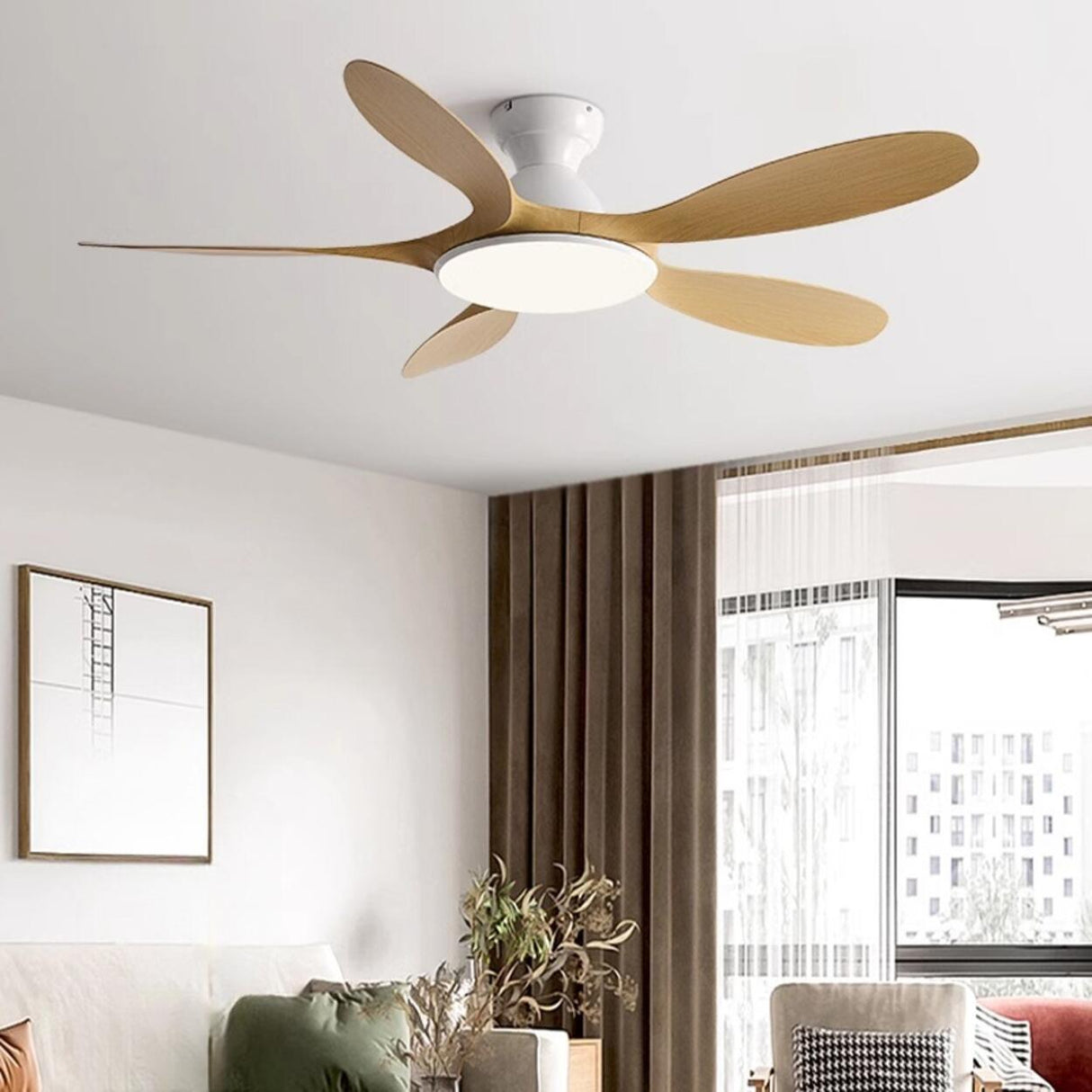 Simple Wood Grain 5 Blade Ceiling Fan with LED Light Image - 4