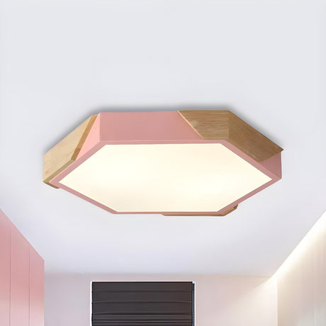 Simple Wood Pink Hexagon LED Flush Mount Ceiling Light Image - 2