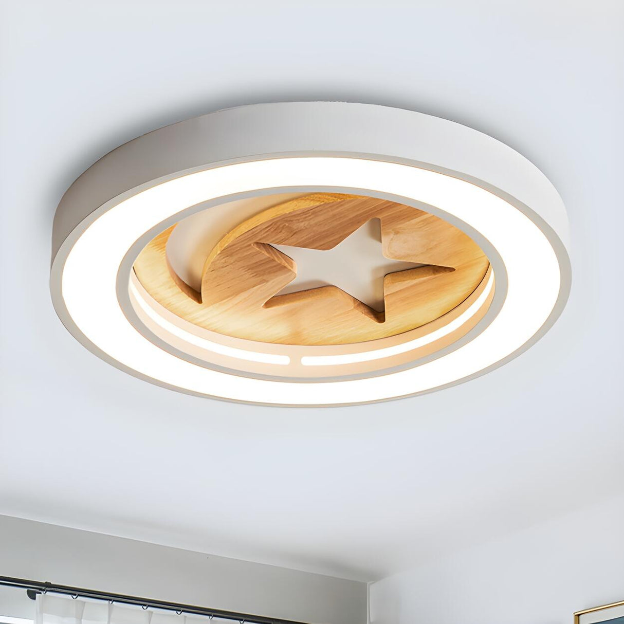 Simple Wood Star Moon Small Round LED Flush Mount Light Image - 1