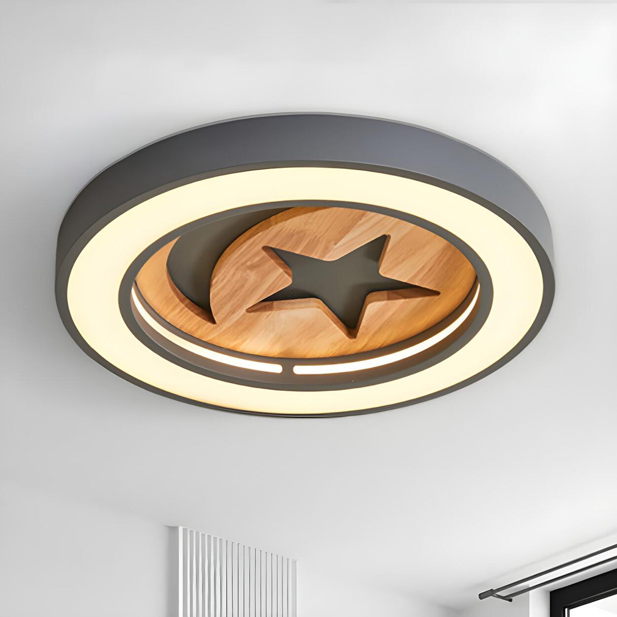 Simple Wood Star Moon Small Round LED Flush Mount Light Image - 4