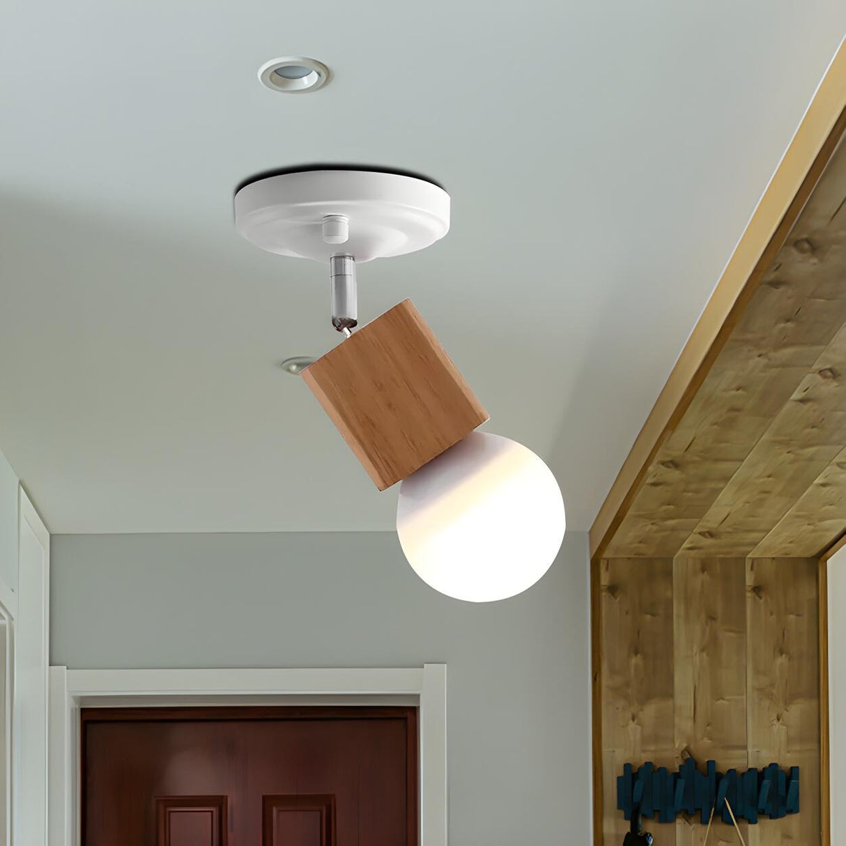 Simple Wood Top Bare Bulb Semi-Flush Mount Lamp 1-Light Image - 17