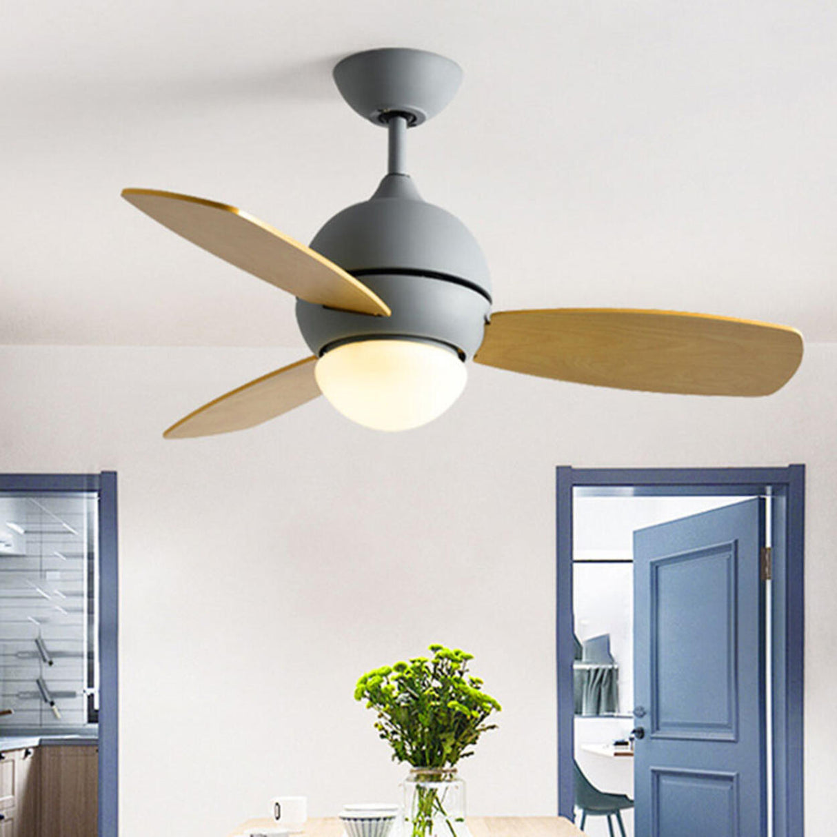 Simple Wooden 3 Blade Modern Dimming Ceiling Fan Light Image - 3