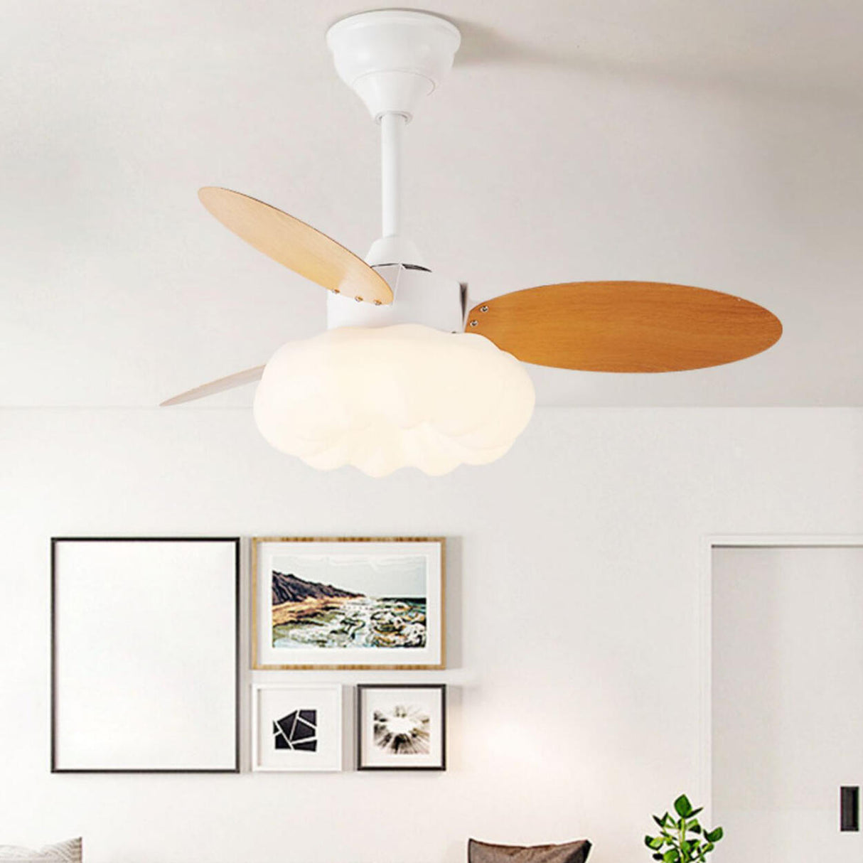 Simple Wooden Cloud Dimming Ceiling Fan with LED Light Image - 13