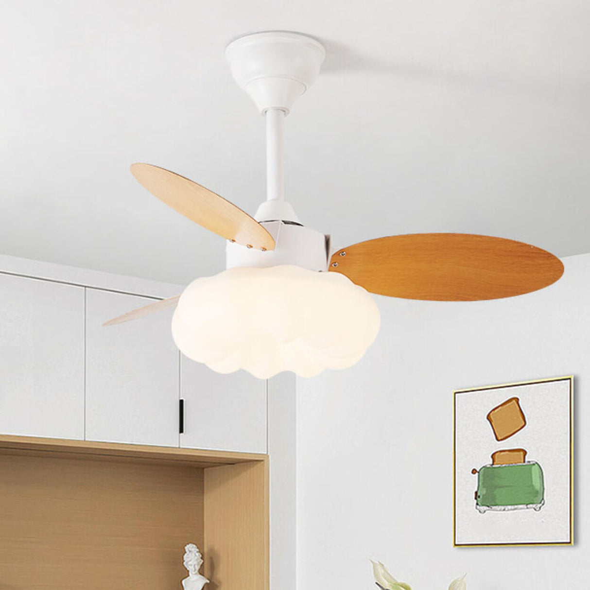 Simple Wooden Cloud Dimming Ceiling Fan with LED Light Image - 3