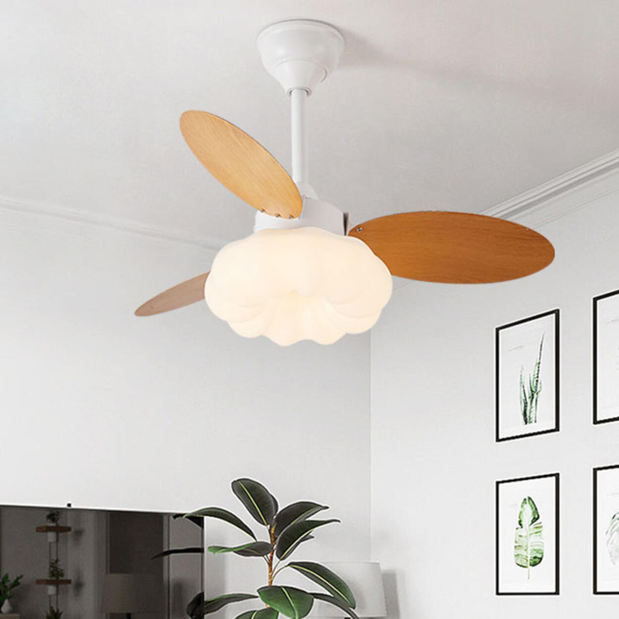 Simple Wooden Cloud Dimming Ceiling Fan with LED Light Image - 4