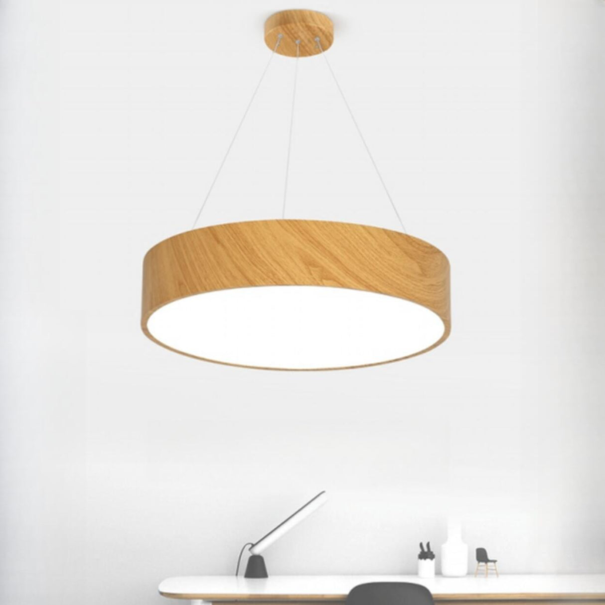 Simple Wooden Drum Chandelier Adjustable Height Image - 4