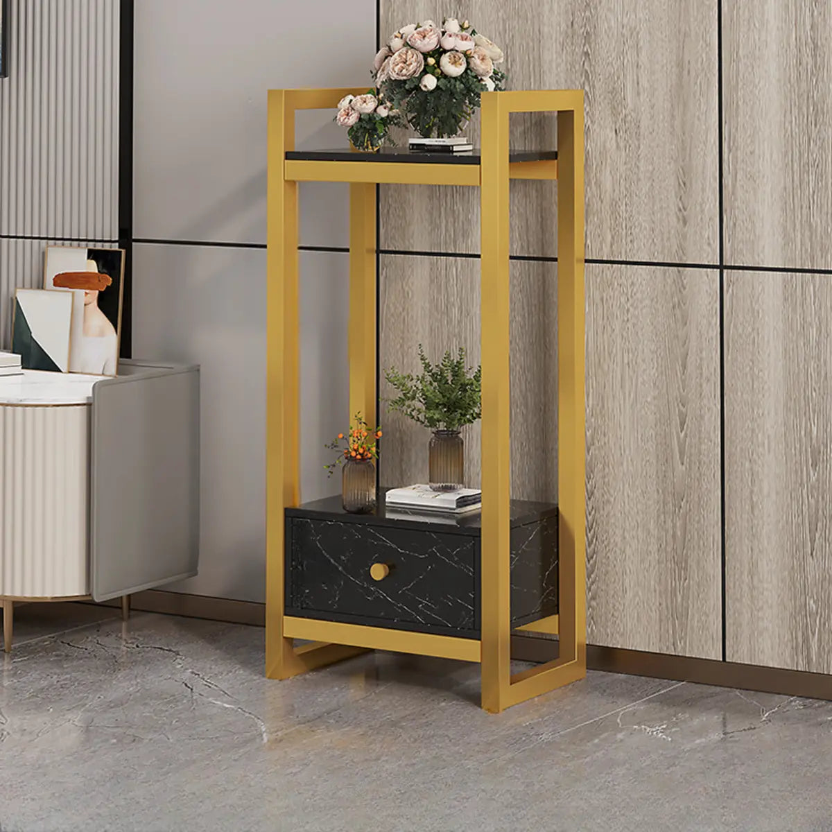 Simple Yellow Rectangle Metal 2 Tiers Floor Plant Stand Image - 4