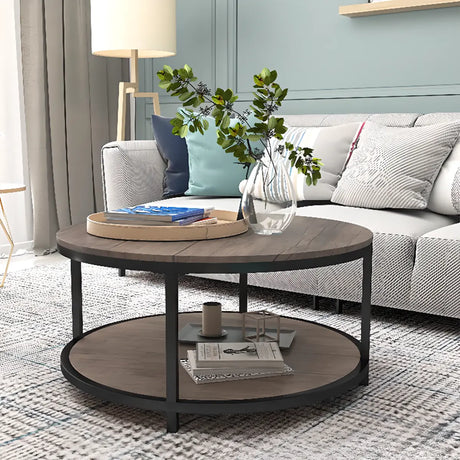 Simplicity Brown Wooden Round Four Legs Coffee Table Image - 2