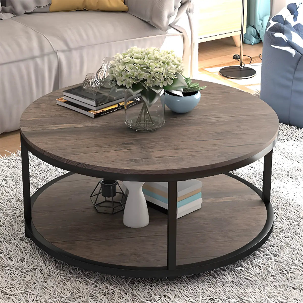 Simplicity Brown Wooden Round Four Legs Coffee Table Image - 3