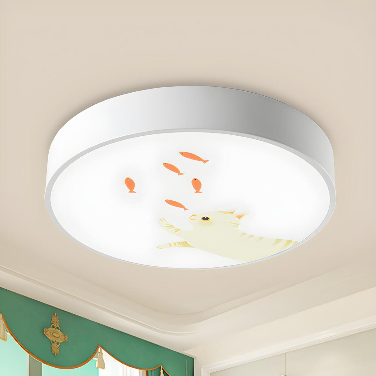 Simplicity Cat Fish White Round LED Flush Mount Light Image - 3