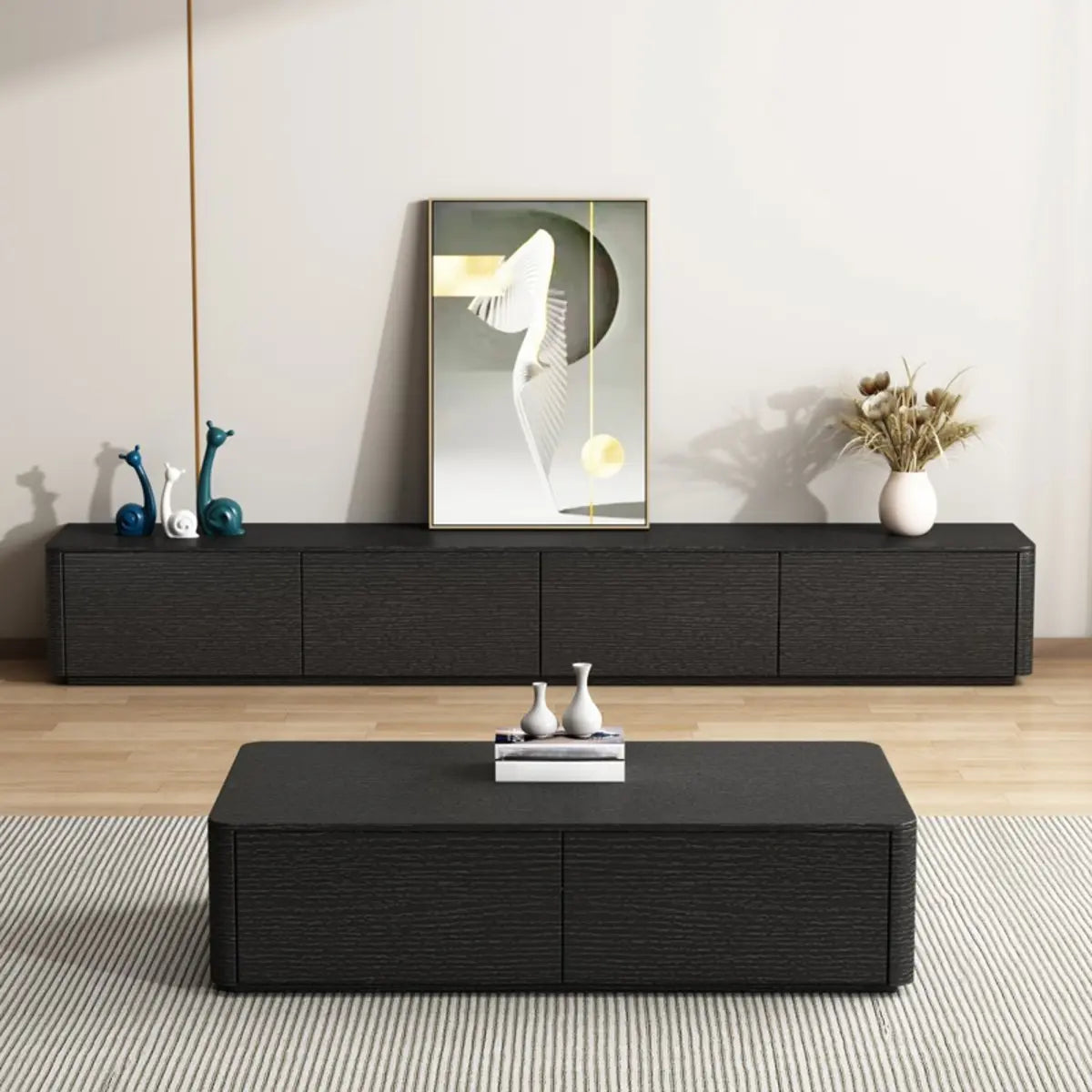 Simplistic Black Wooden Drawers Rectangle TV Stand Image - 1