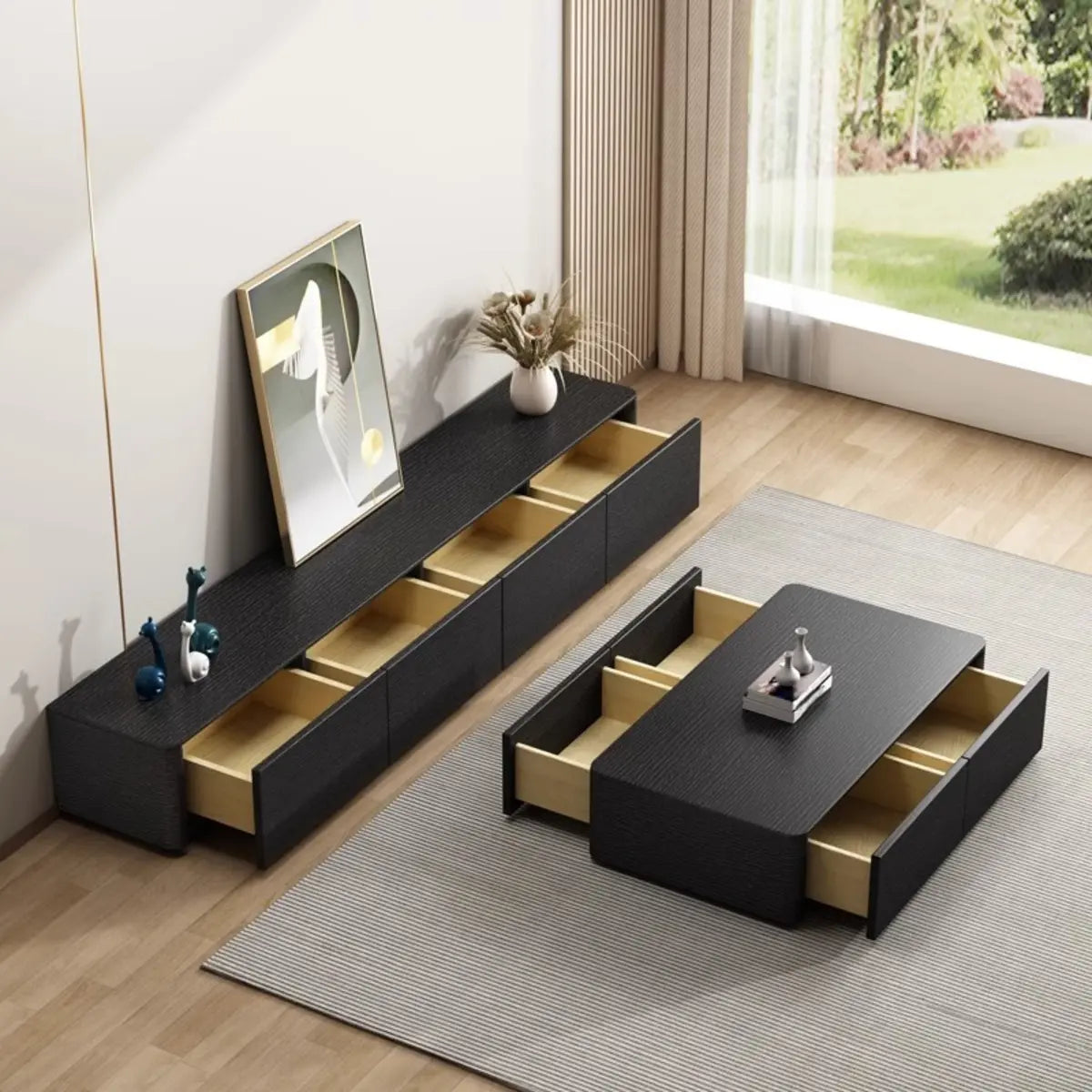 Simplistic Black Wooden Drawers Rectangle TV Stand Image - 4