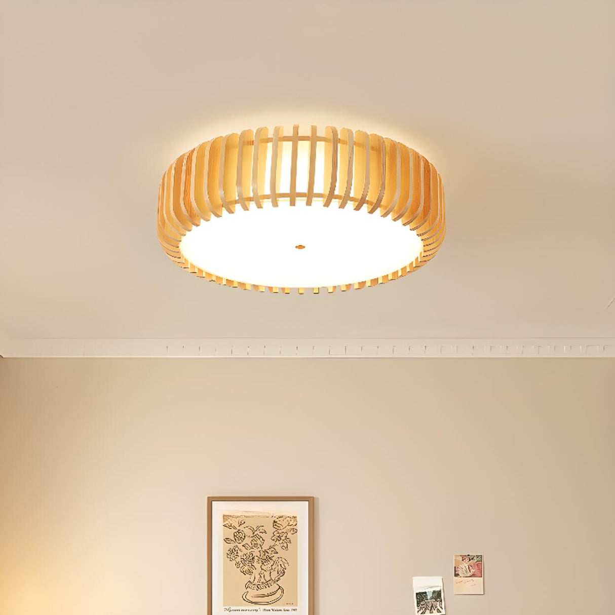 Simplistic Wooden Drum Flush Mount Light Dining Room Image - 1