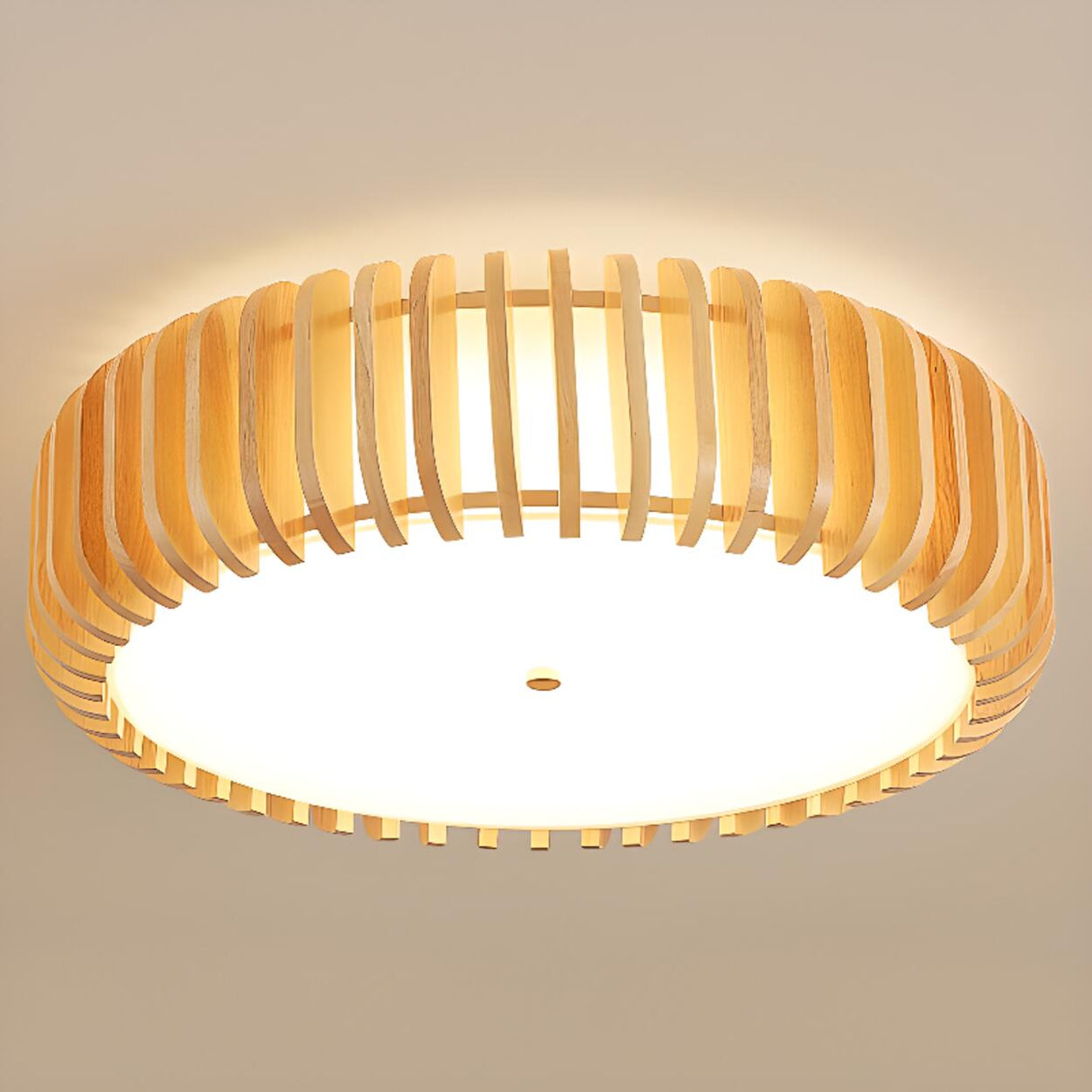 Simplistic Wooden Drum Flush Mount Light Dining Room Image - 3