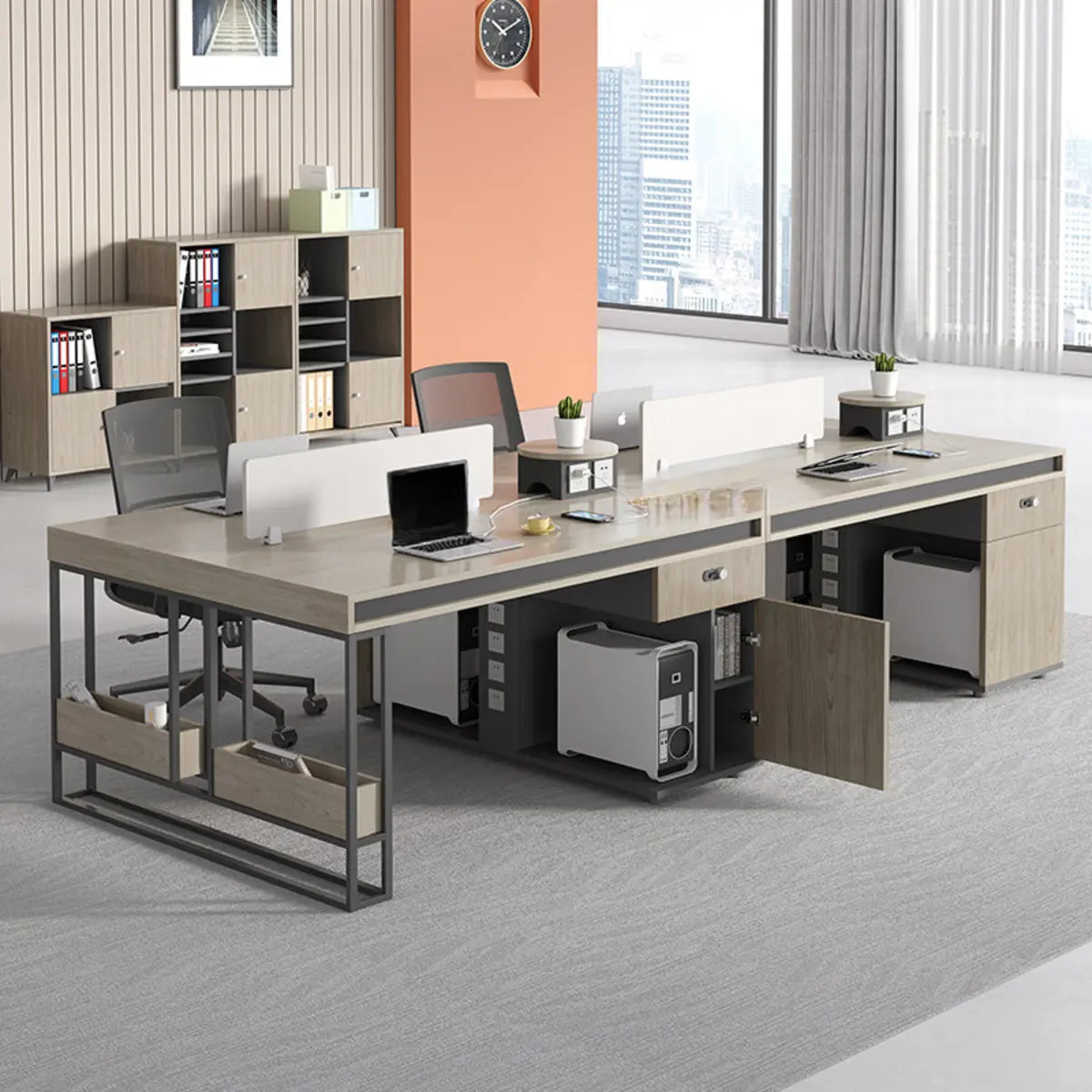 Single Pedestal Wood Gray Large Storage Office Furniture Set Image - 3