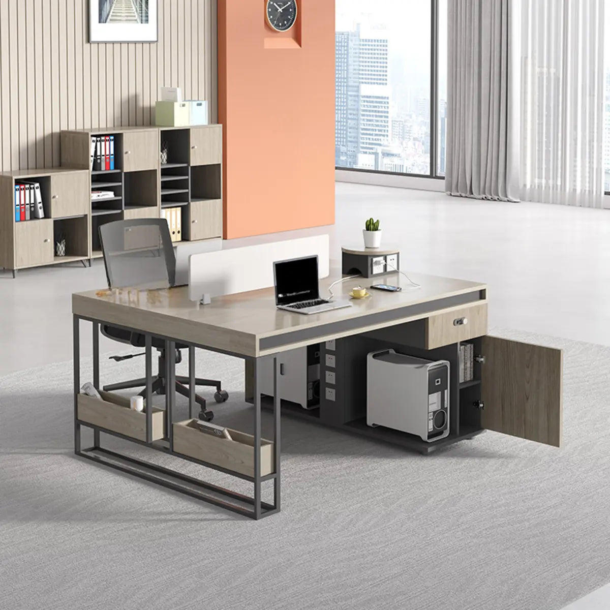 Single Pedestal Wood Gray Large Storage Office Furniture Set Image - 6