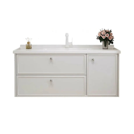 Single Sink Cream Ceramic Top Wood Storage Bathroom Vanity Image - 2