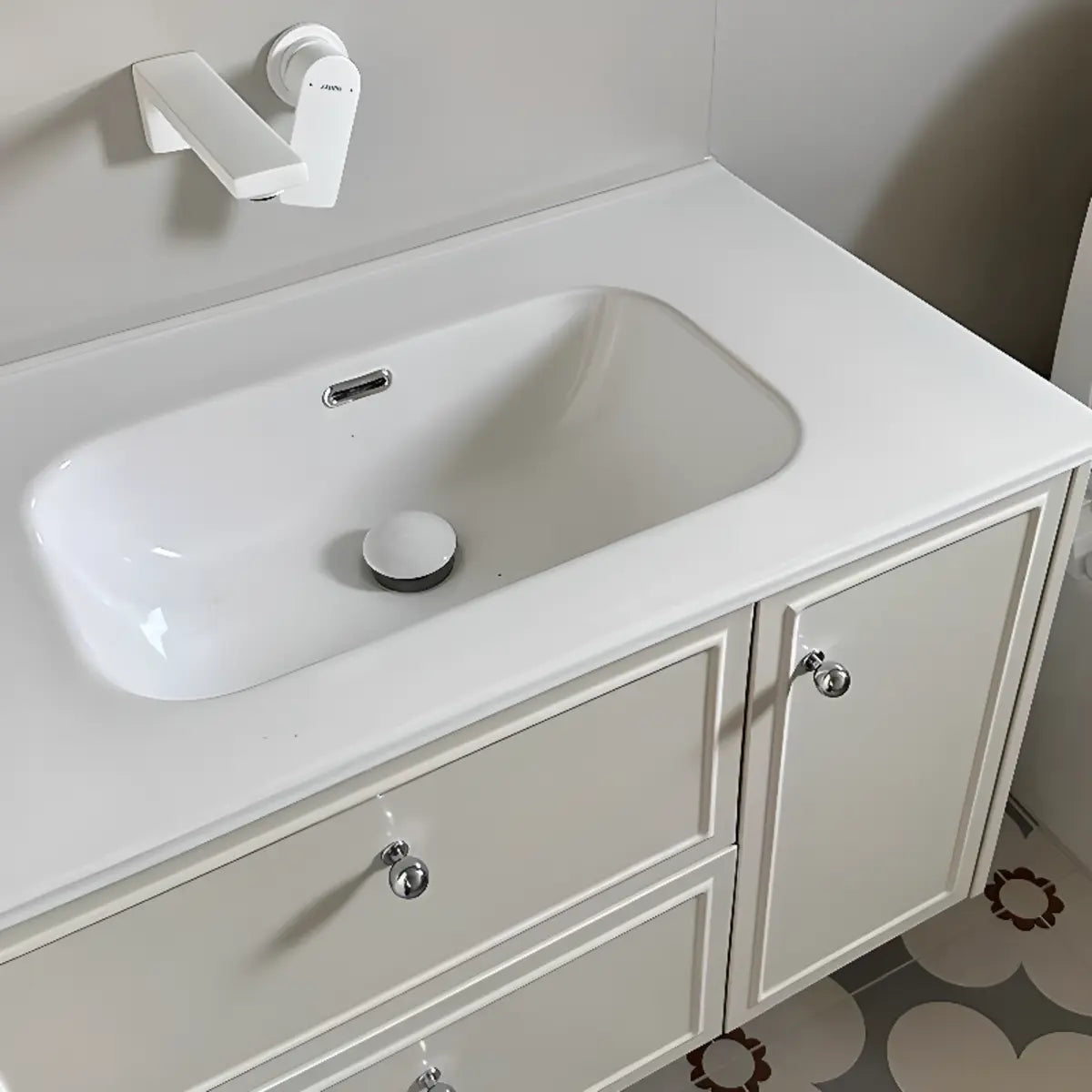 Single Sink Cream Ceramic Top Wood Storage Bathroom Vanity Image - 3