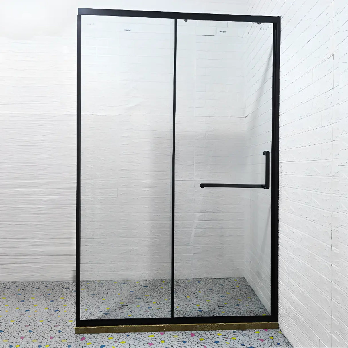 Single Sliding Black Frame Shower Door with Handles Image - 1