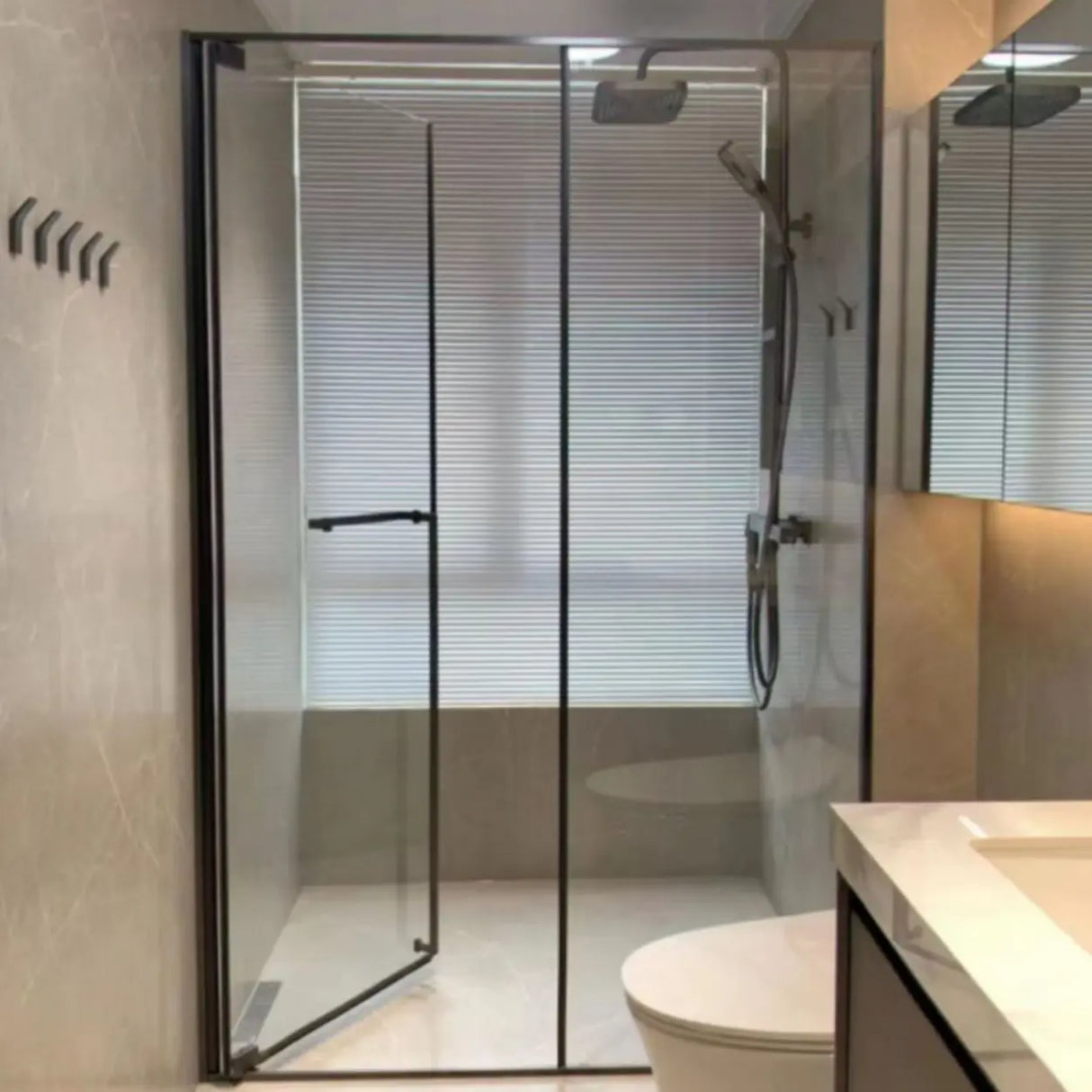 Single Sliding Black Frame Shower Door with Handles Image - 2