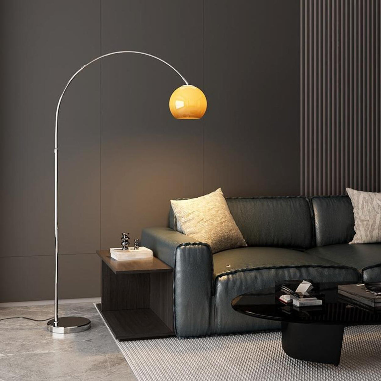 Sleek Adjustable Amber Glass Globe Arched Floor Lamp Image - 1