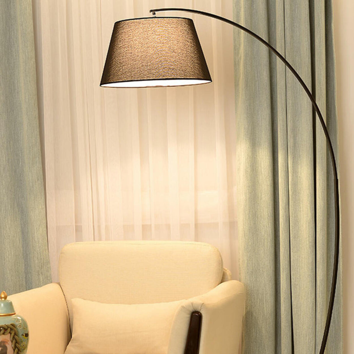 Sleek Bedroom Cylinder Shade Arc Metal Floor Lamp Image - 15