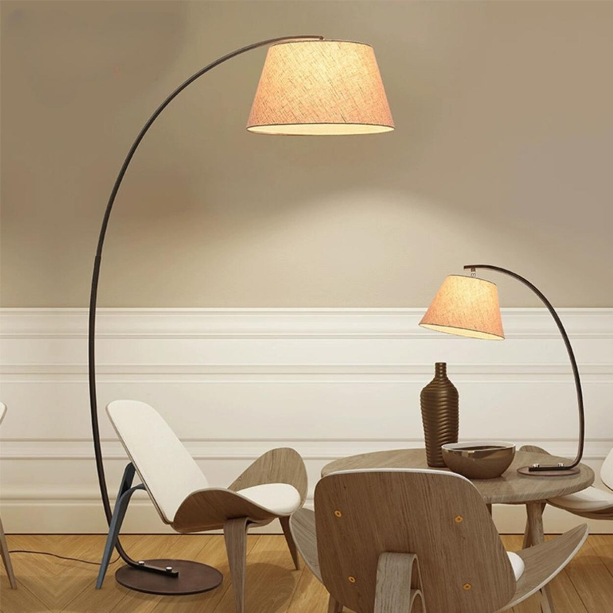 Sleek Bedroom Cylinder Shade Arc Metal Floor Lamp Image - 4