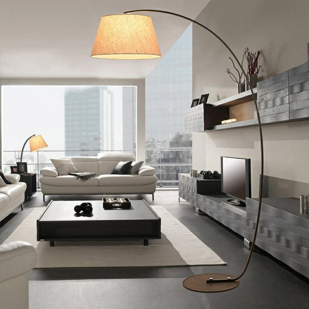 Sleek Bedroom Cylinder Shade Arc Metal Floor Lamp Image - 6