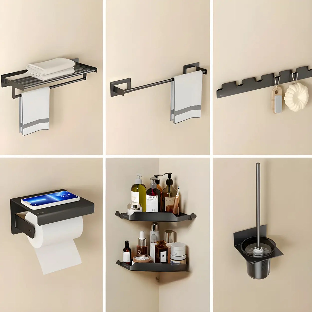 Sleek Black Metal Adhesive Mount Bathroom Hardware Set Image - 18