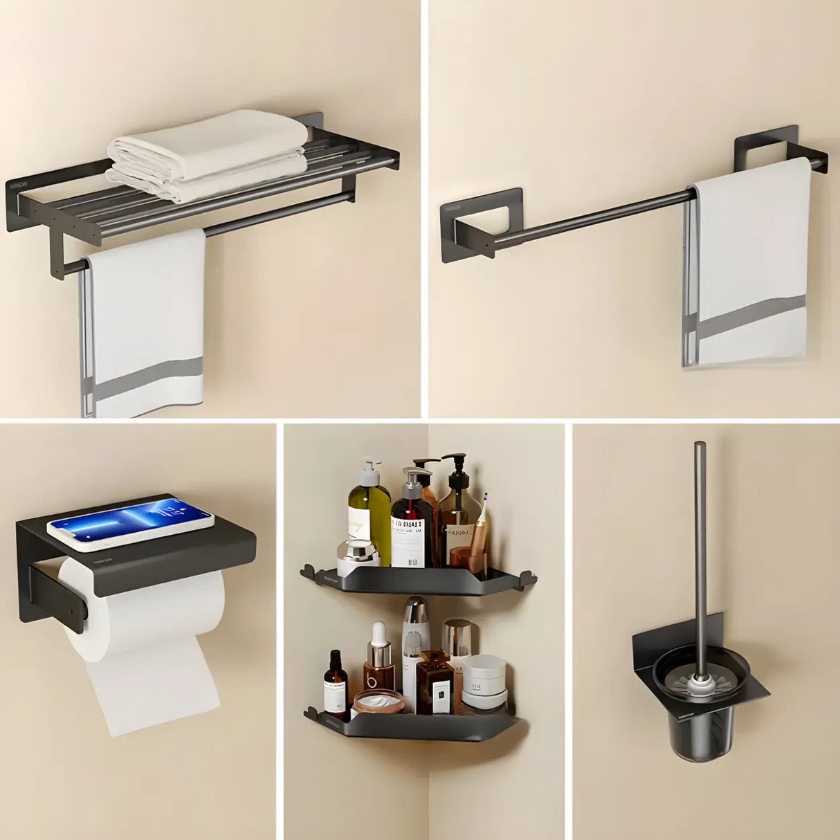 Sleek Black Metal Adhesive Mount Bathroom Hardware Set Image - 23