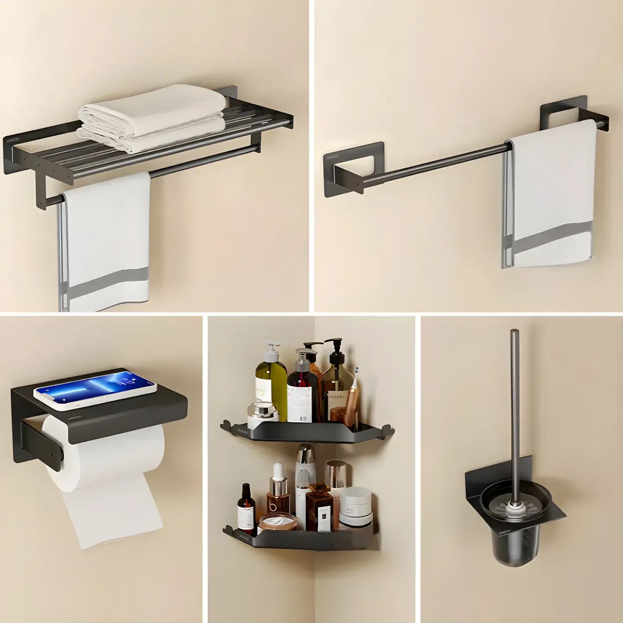 Sleek Black Metal Adhesive Mount Bathroom Hardware Set Image - 25