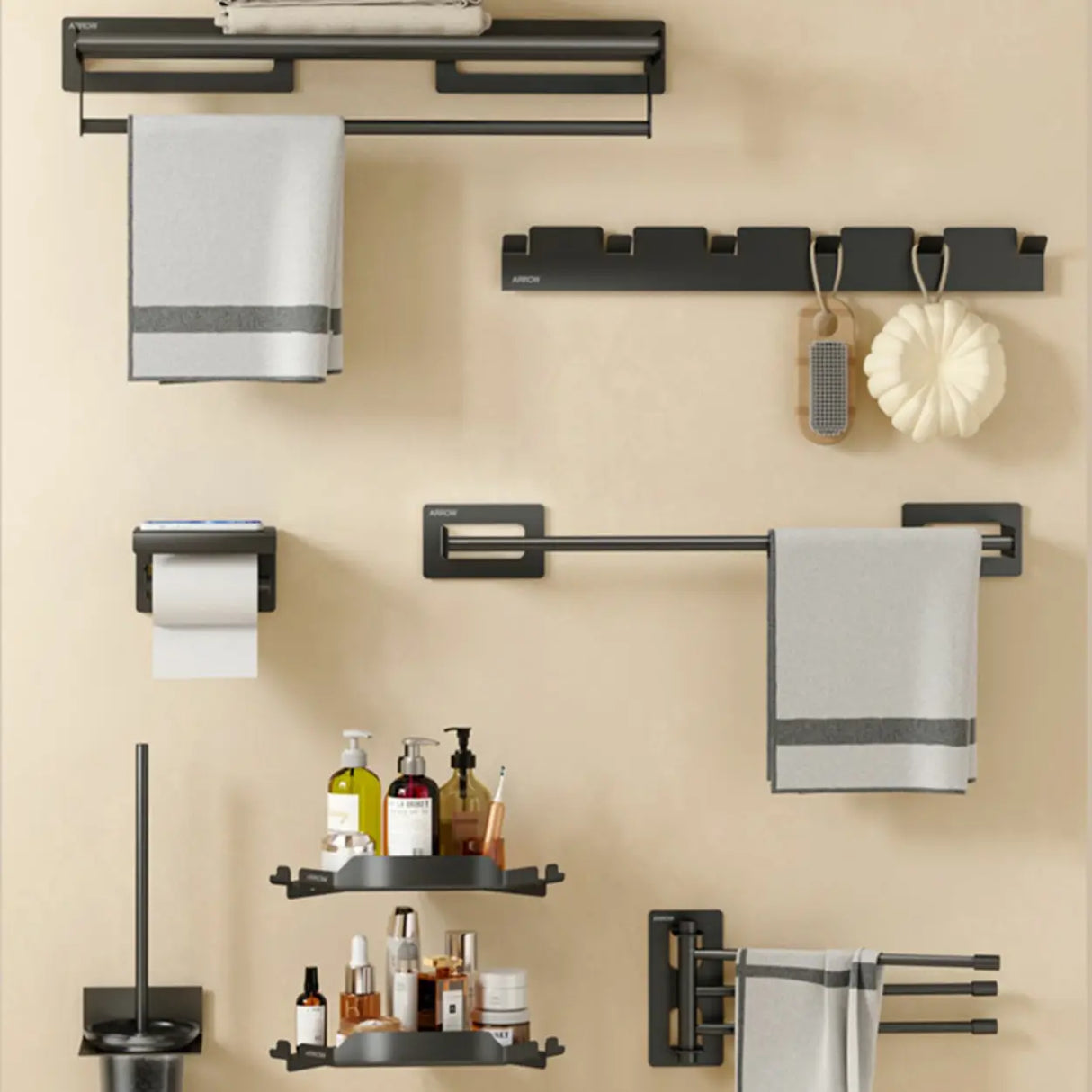 Sleek Black Metal Adhesive Mount Bathroom Hardware Set Image - 6