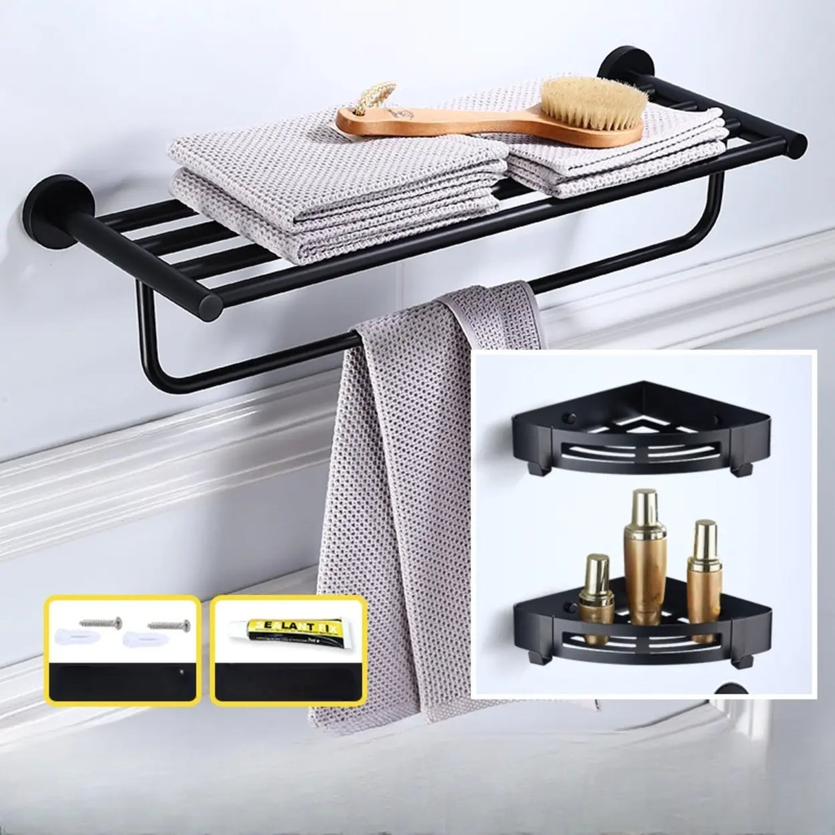 Sleek Black Metal Bathroom Organizer Set with Hooks Image - 23