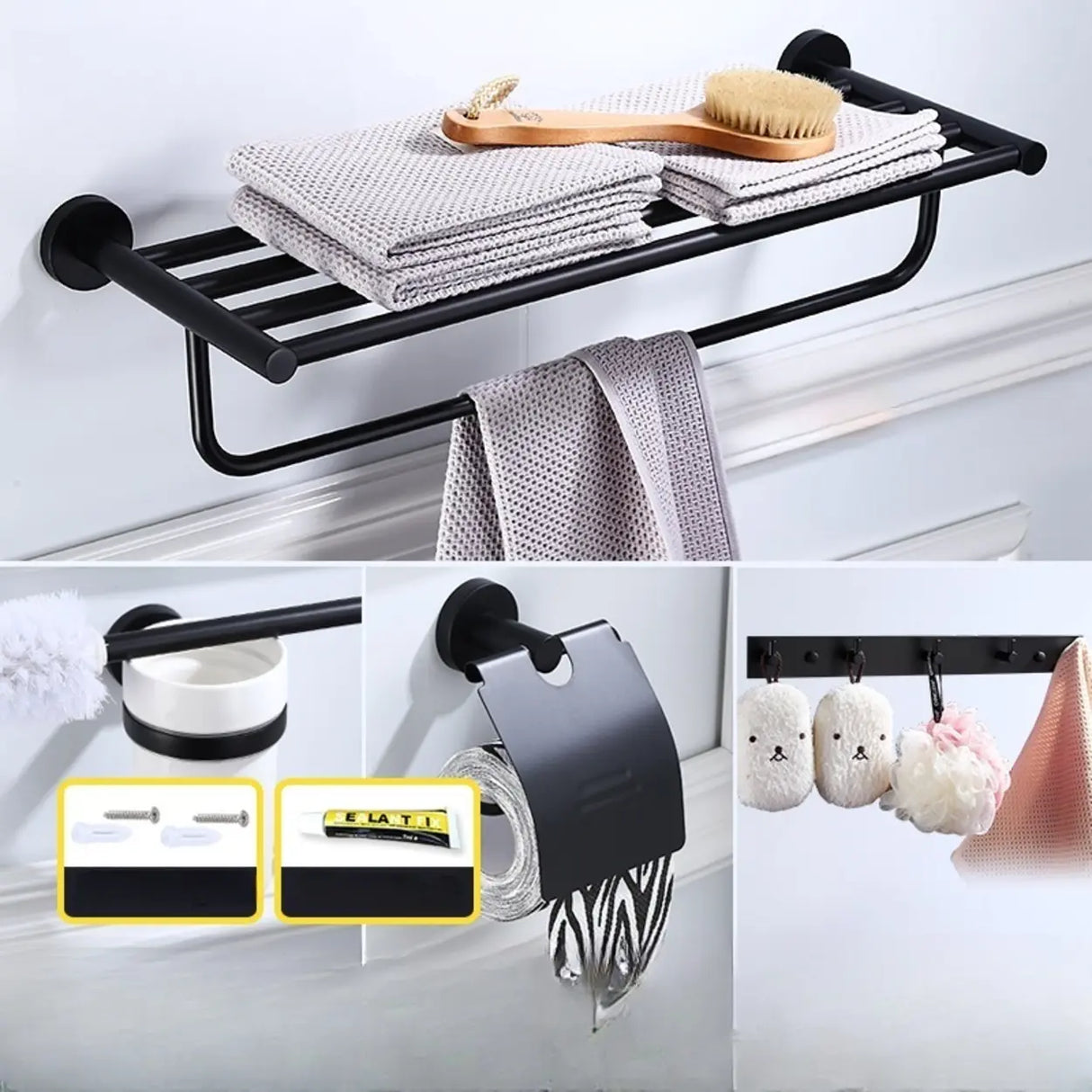 Sleek Black Metal Bathroom Organizer Set with Hooks Image - 25