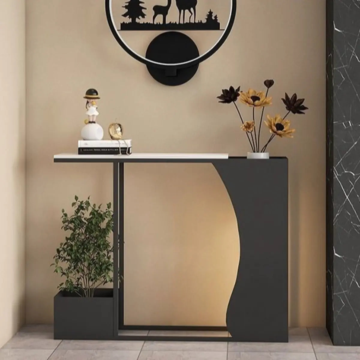 Sleek Black Metal White Top Console Table with Floor Shelf Image - 2