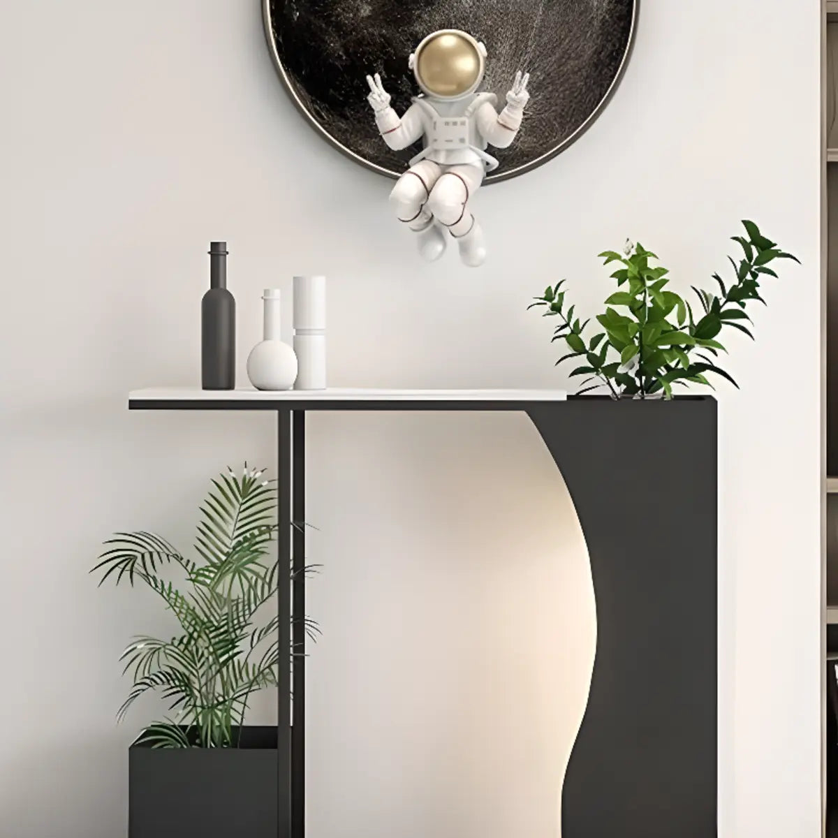 Sleek Black Metal White Top Console Table with Floor Shelf Image - 5