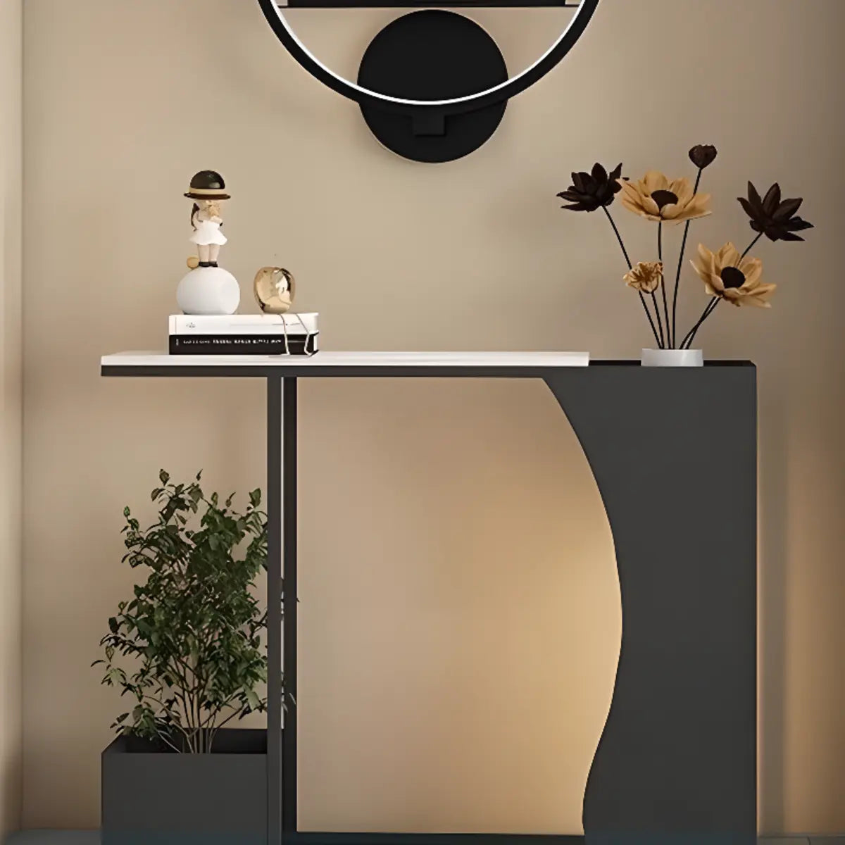 Sleek Black Metal White Top Console Table with Floor Shelf Image - 6