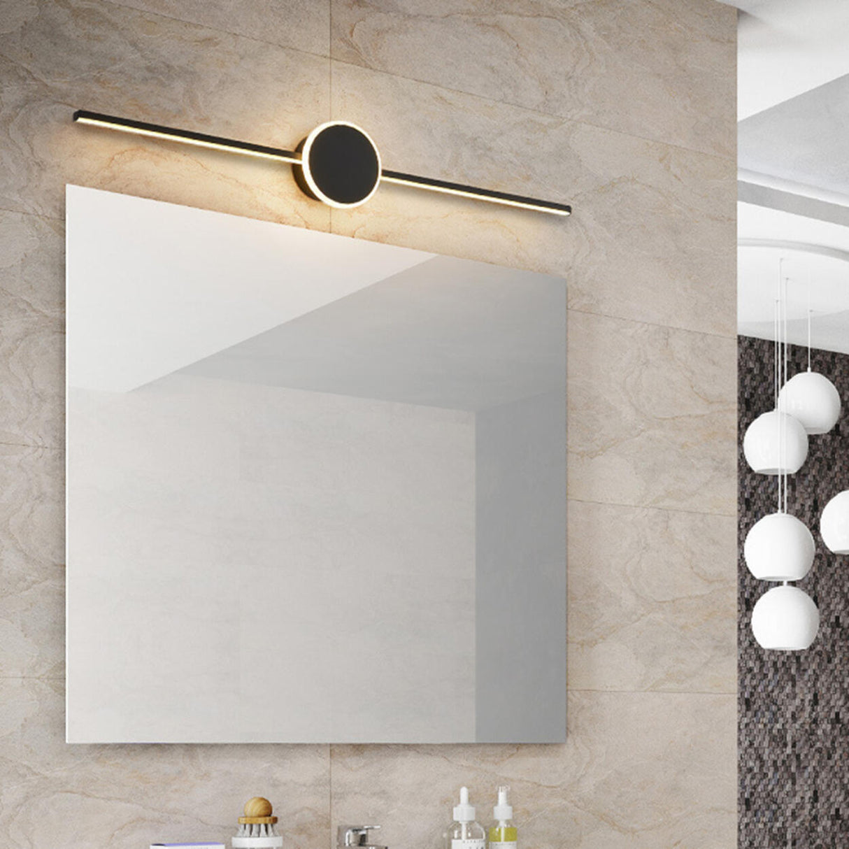 Sleek Black Round and Linear Metal LED Vanity Light Image - 14