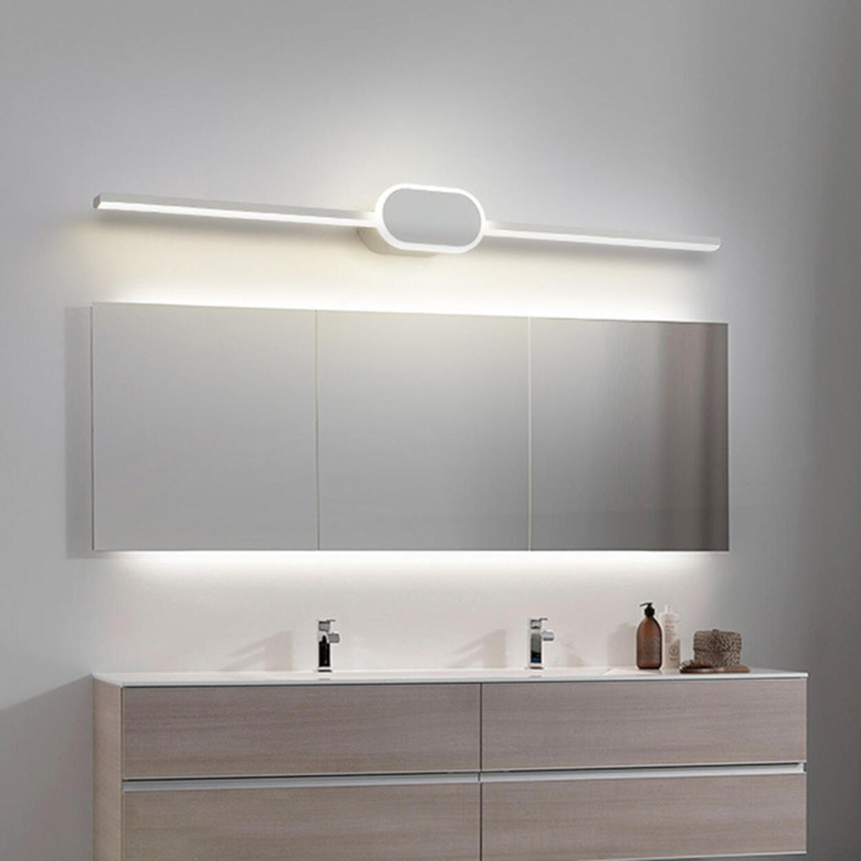 Sleek Black Round and Linear Metal LED Vanity Light Image - 15