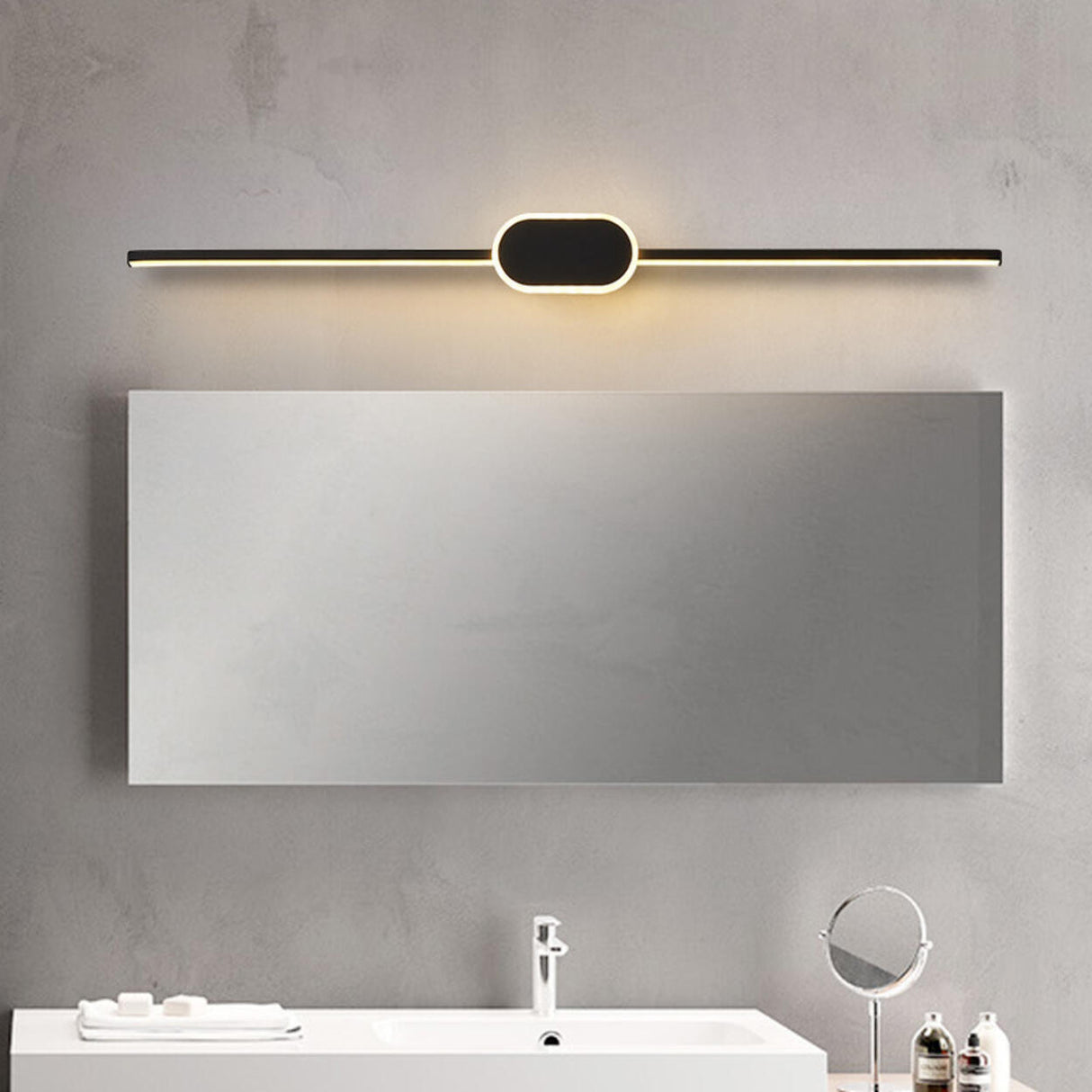 Sleek Black Round and Linear Metal LED Vanity Light Image - 2