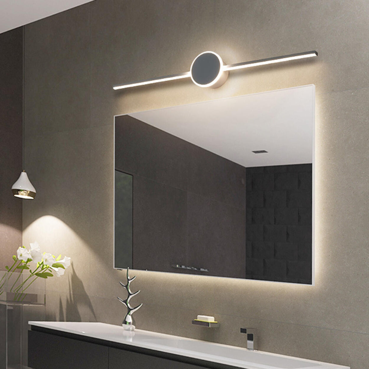 Sleek Black Round and Linear Metal LED Vanity Light Image - 5