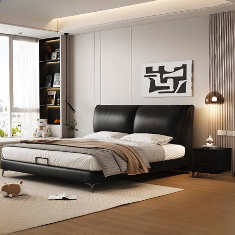 Sleek Black Upholstered Headboard Queen Platform Panel Bed Image - 1