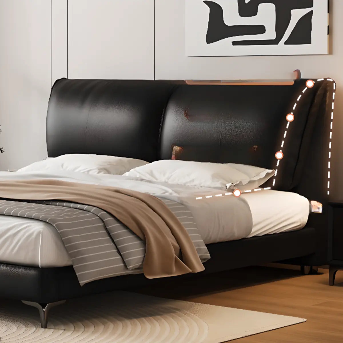 Sleek Black Upholstered Headboard Queen Platform Panel Bed Image - 7