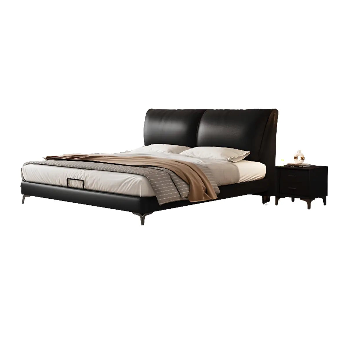 Sleek Black Upholstered Headboard Queen Platform Panel Bed Image - 8