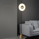 Sleek Circular Shade and Brass Cone Base Floor Lamp Image - 1