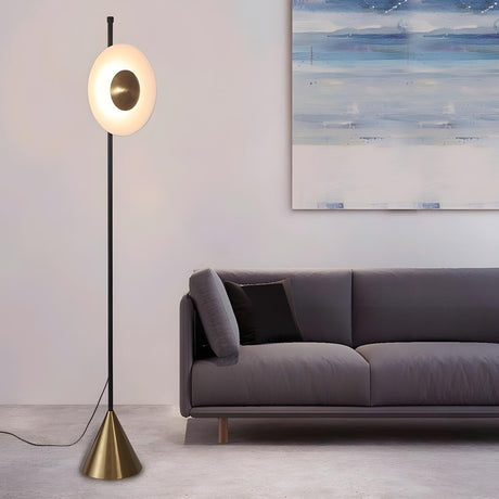 Sleek Circular Shade and Brass Cone Base Floor Lamp Image - 2